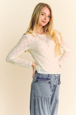 Davi & Dani Bow Mesh Round Neck Long Sleeve Top - 1985 the VAULT Boutique