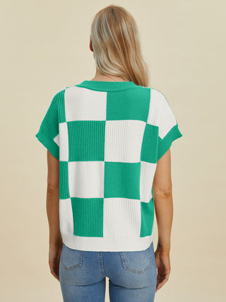 Double Take Full Size Checkered Round Neck Short Sleeve Sweater - 1985 the VAULT Boutique