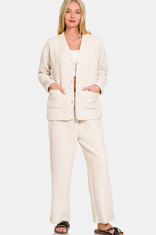 Zenana Quilted Button Up Long Sleeve Top and Pants Lounge Set - 1985 the VAULT Boutique