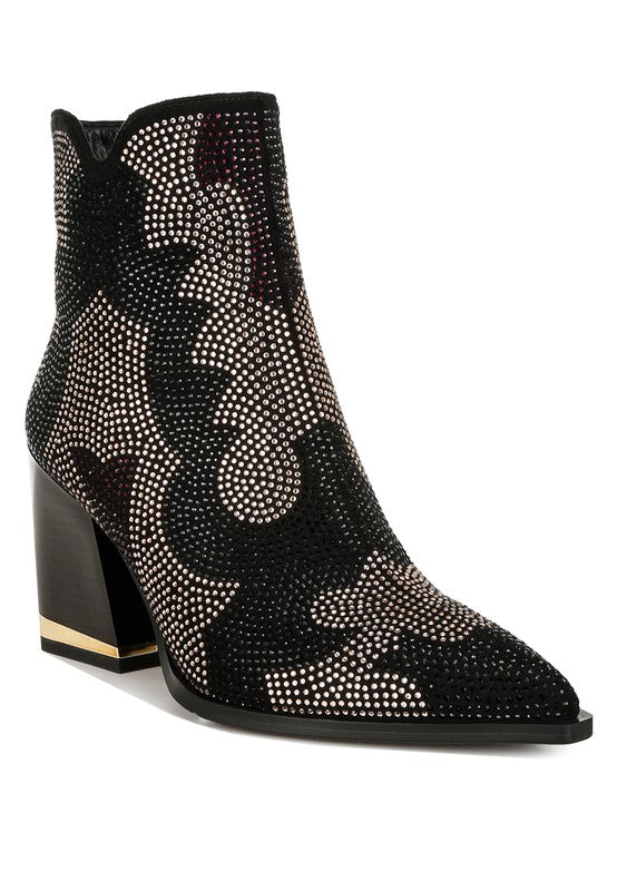 Zarka Rhinestones Embellished Block Heel Boots - 1985 the VAULT Boutique