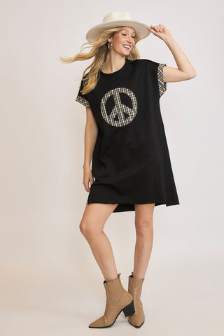 Umgee Peace Plaid Applique Short Sleeve Mini Dress - 1985 the VAULT Boutique