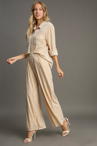 Umgee Elastic Waist Striped Wide Leg Velvet Pants - 1985 the VAULT Boutique