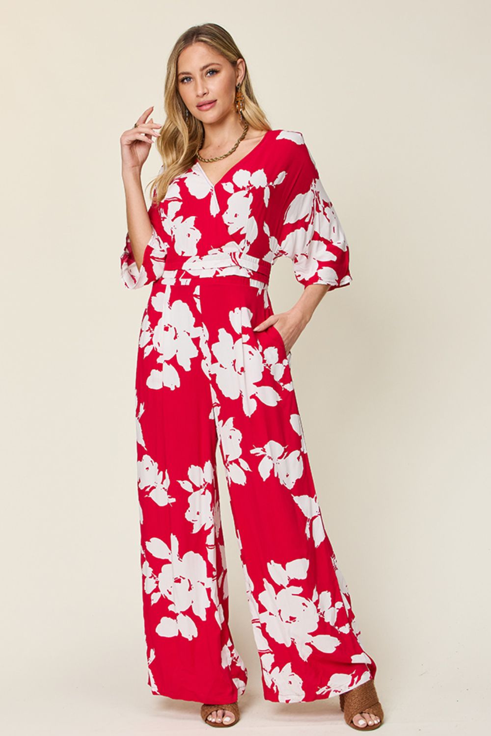 Double Take Full Size Printed Tie Back Wide Leg Jumpsuit - 1985 the VAULT Boutique