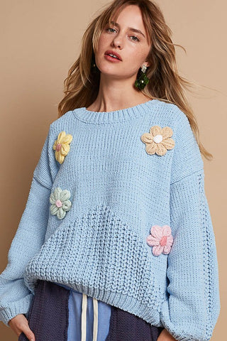 POL Crochet Flower Round Neck Dropped Shoulder Sweater - 1985 the VAULT Boutique