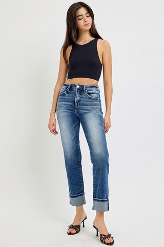 RISEN Full Size High Rise Crop Straight Roll Up Jeans - 1985 the VAULT Boutique