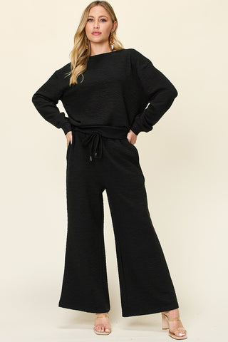 Double Take Full Size Texture Long Sleeve Top and Pants Set - 1985 the VAULT Boutique