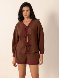 Tied V-Neck Long Sleeve Top and Shorts Set - 1985 the VAULT Boutique