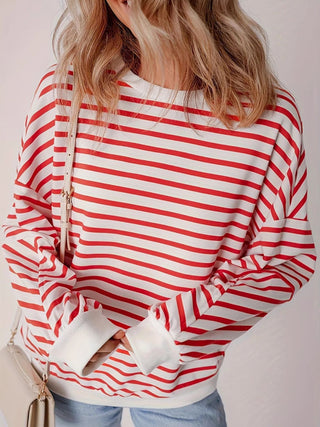 Full Size Striped Round Neck Long Sleeve Sweatshirt Plus Size - 1985 the VAULT Boutique