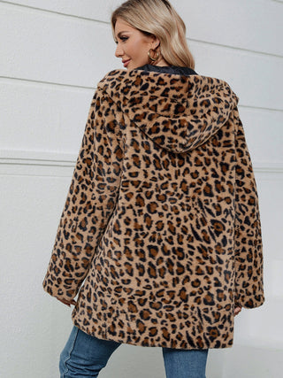 Fuzzy Leopard Hooded Long Sleeve Jacket - 1985 the VAULT Boutique