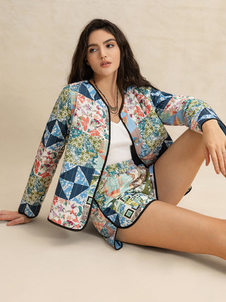 Printed Button Up Long Sleeve Outerwear and Shorts Set - 1985 the VAULT Boutique