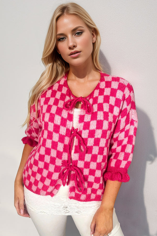 Double Take Tied Checkered Dropped Shoulder Flounce Sleeve Cardigan - 1985 the VAULT Boutique