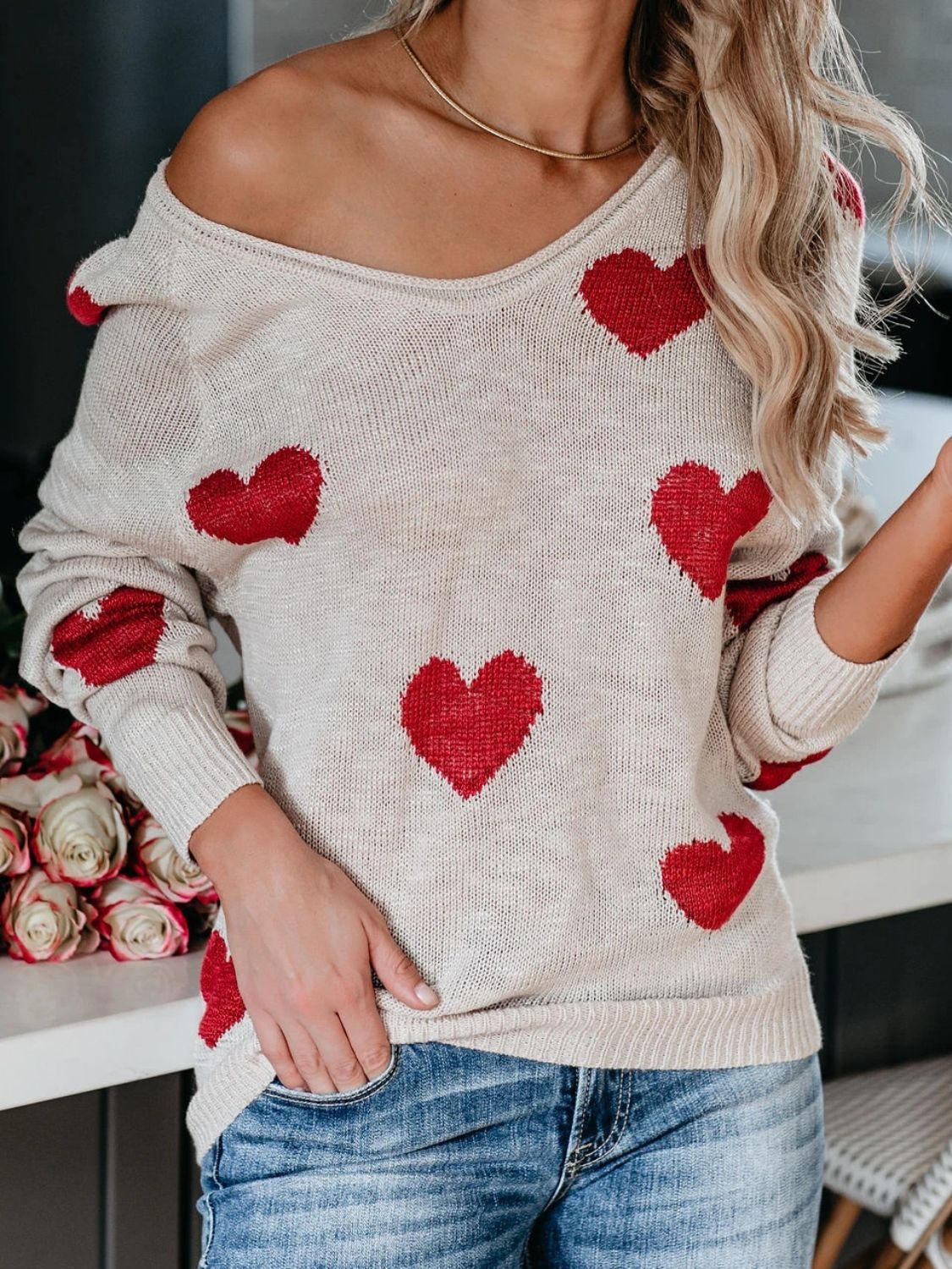 Heart Scoop Neck Long Sleeve Sweater - 1985 the VAULT Boutique