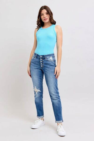 Judy Blue Full Size Button Fly Distressed Jeans with Pockets Plus Size - 1985 the VAULT Boutique