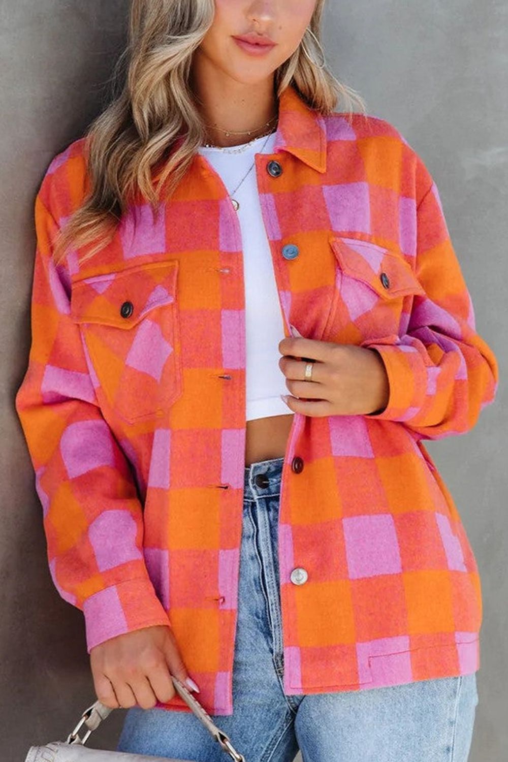 Plaid Collared Neck Button Up Jacket - 1985 the VAULT Boutique