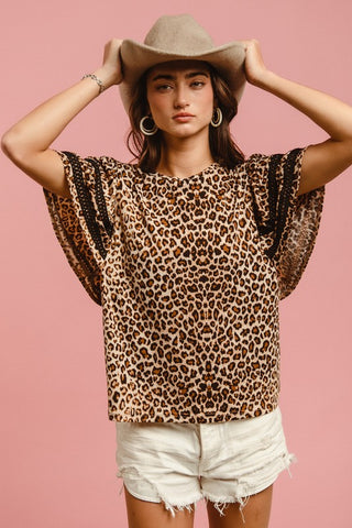 BiBi Leopard Crochet Trim Round Neck Short Sleeve Top - 1985 the VAULT Boutique