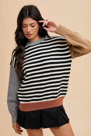 Annie Wear Striped Color Block Round Neck Sweater - 1985 the VAULT Boutique