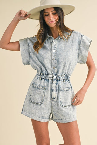 Annie Wear Elastic Waistband Short Sleeve Denim Romper - 1985 the VAULT Boutique