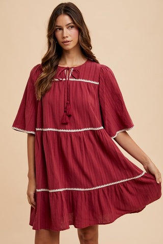 Annie Wear Tassel Contrast Trim Tie Neck Half Sleeve Tiered Dress - 1985 the VAULT Boutique