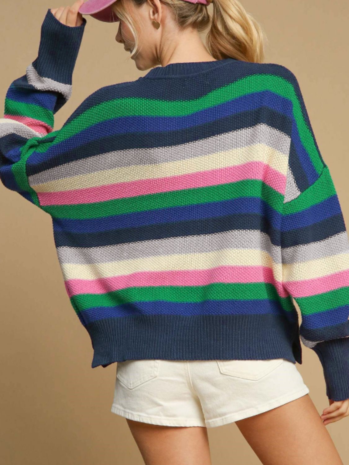 Contrast Striped Round Neck Long Sleeve Sweater - 1985 the VAULT Boutique