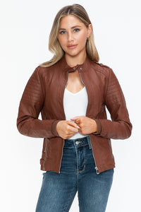 Snobbish PU Leather Biker Jacket with Side Zip Pockets