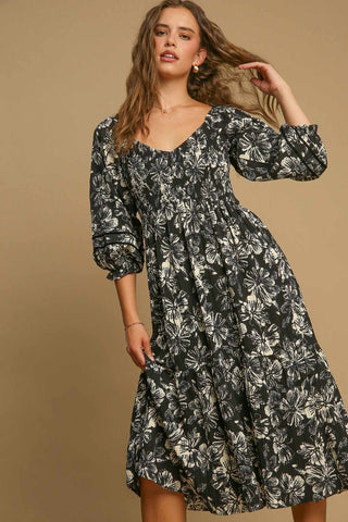 Umgee Ruffle Hem Flower Printed V-Neck Dress - 1985 the VAULT Boutique