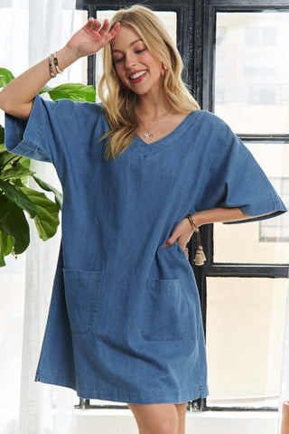 ADORA V-Neck Half Sleeve Mini Denim Dress - 1985 the VAULT Boutique