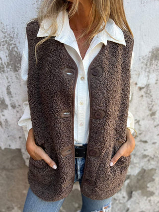 Full Size Pocketed Button Up V-Neck Sherpa Vest - 1985 the VAULT Boutique