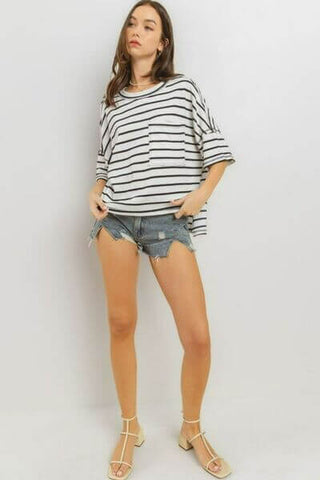 Ces Femme Side Slit Striped Round Neck Half Sleeve T-Shirt - 1985 the VAULT Boutique