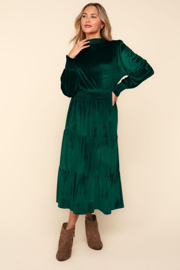 Haptics Mock Neck Smocked Waist Velvet Tiered Dress - 1985 the VAULT Boutique