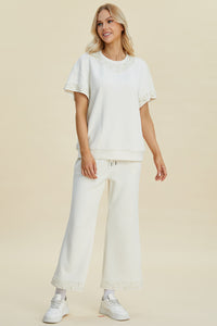 Double Take Full Size Pearl Detail Round Neck Top and Pants Set - 1985 the VAULT Boutique