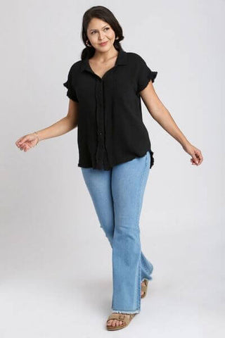 Umgee Full Size Frayed Hem Collared Neck Short Sleeve Shirt Plus Size - 1985 the VAULT Boutique