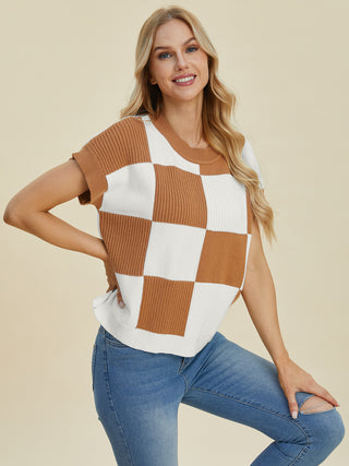 Double Take Full Size Checkered Round Neck Short Sleeve Sweater - 1985 the VAULT Boutique