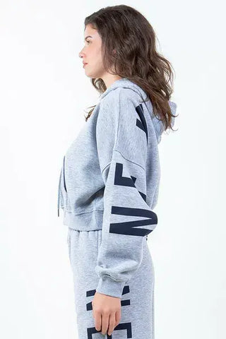 American Bazi Letter Graphic Long Sleeve Drawstring Cropped Hoodie - 1985 the VAULT Boutique