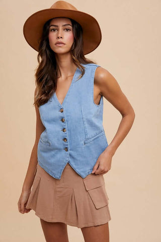 Annie Wear Button Down V-Neck Denim Vest - 1985 the VAULT Boutique