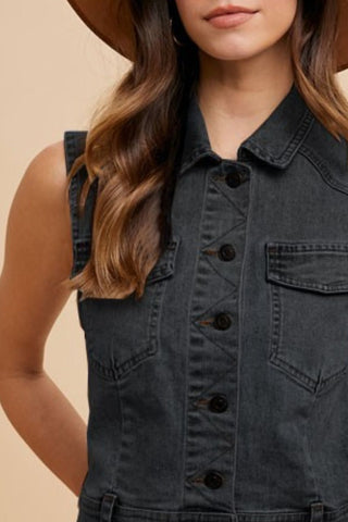 Annie Wear Collared Neck Button Down Denim Vest - 1985 the VAULT Boutique