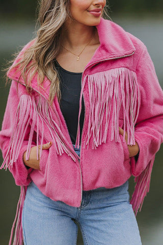 Fringed Zip Up Fleece Jacket - 1985 the VAULT Boutique