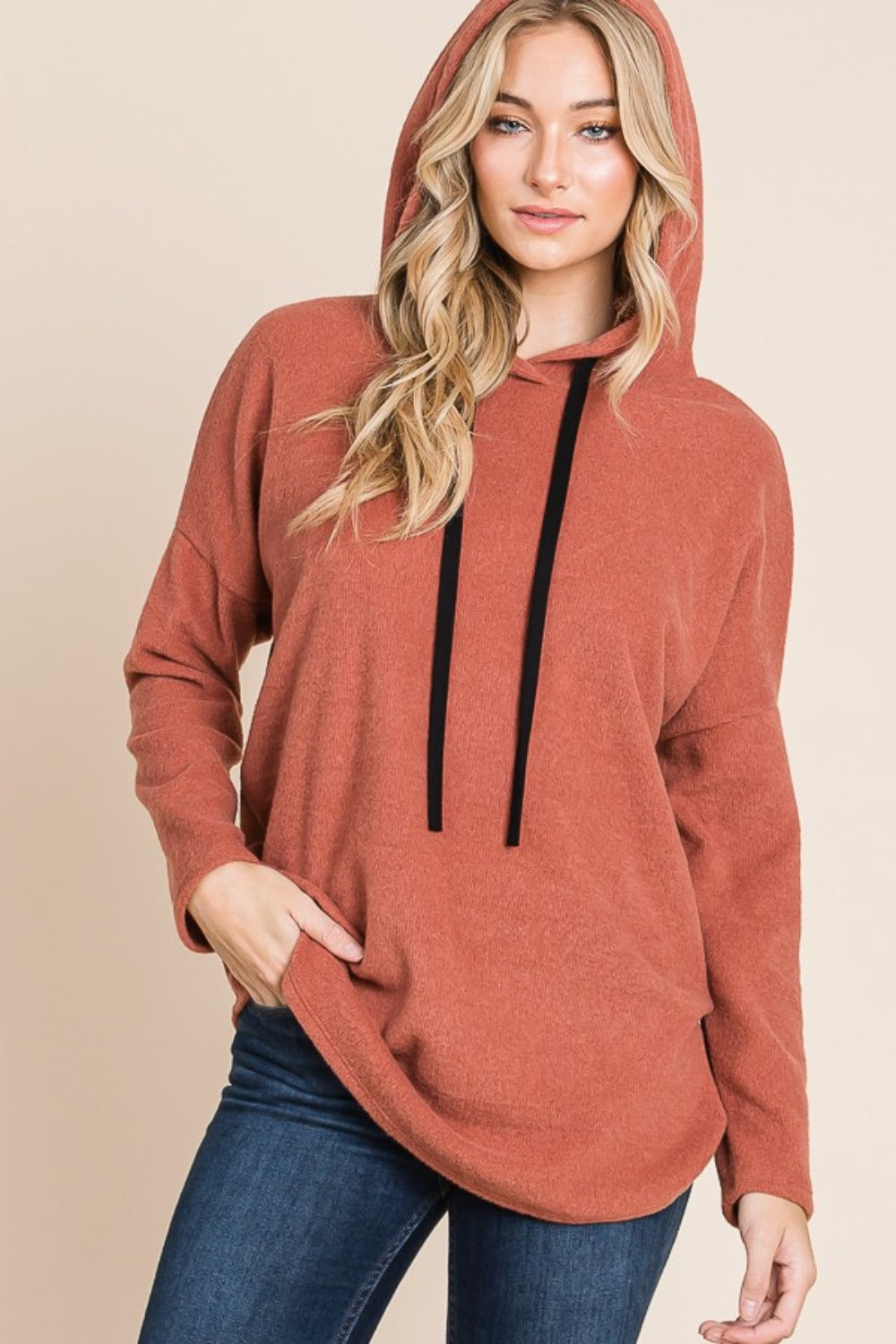 BOMBOM Contrast Drawstring Drop Shoulder Knit Hoodie - 1985 the VAULT Boutique