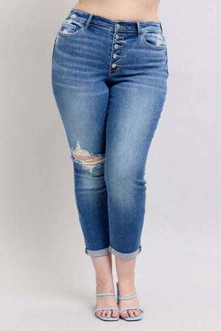 Judy Blue Full Size Button Fly Distressed Jeans with Pockets Plus Size - 1985 the VAULT Boutique