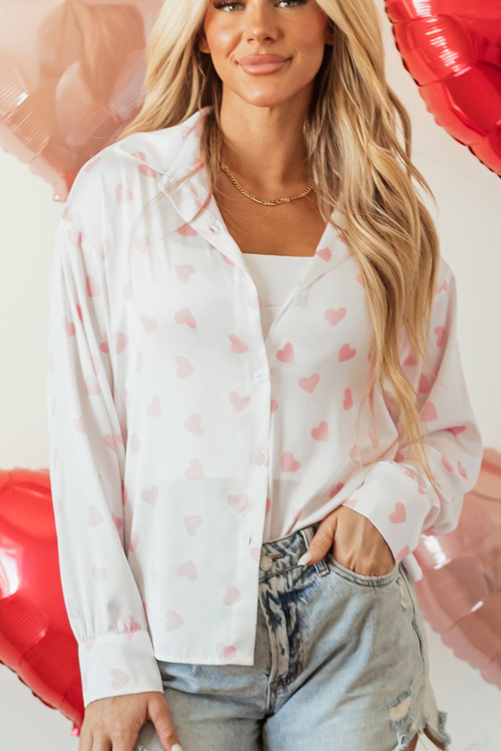 Heart Print Collared Neck Long Sleeve Shirt - 1985 the VAULT Boutique