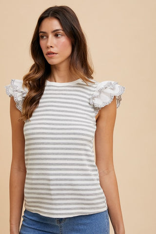 Annie Wear Ruffled Striped Round Neck Cap Sleeve Knit Top - 1985 the VAULT Boutique