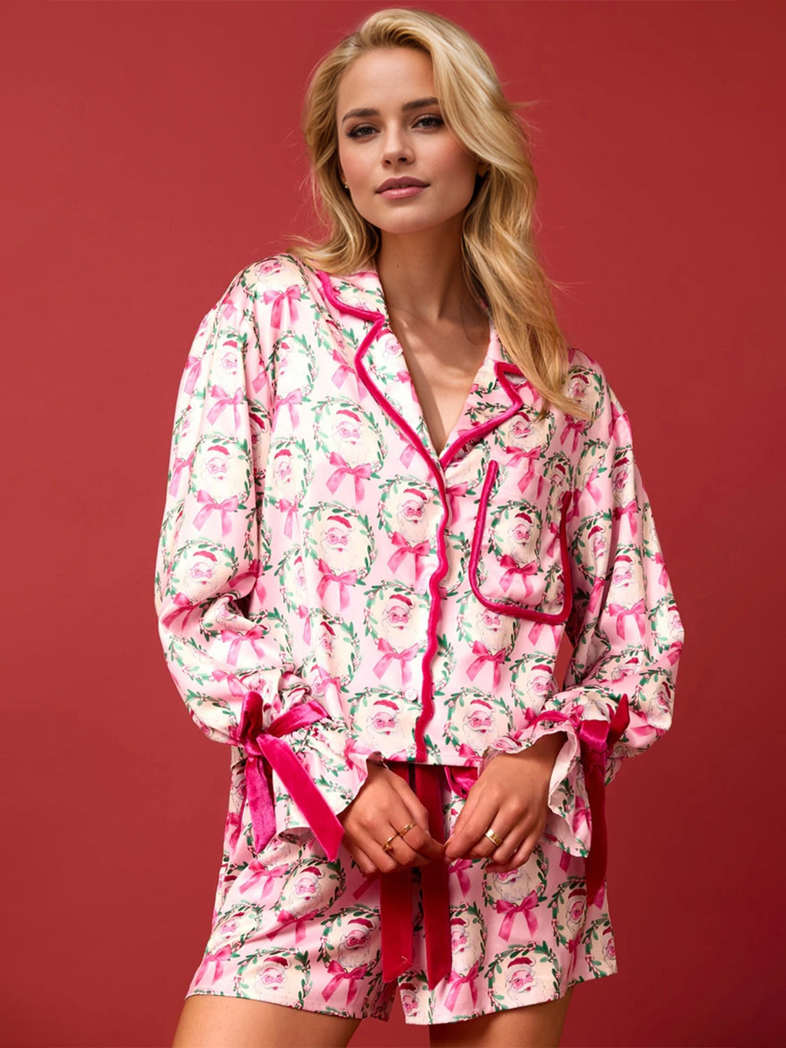 Tied Printed Collared Neck Long Sleeve Top and Shorts Set - 1985 the VAULT Boutique