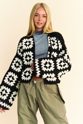 Davi & Dani Full Size Two Tone Flower Square Crochet Open Front Cardigan - 1985 the VAULT Boutique