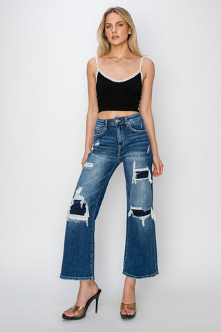 Risen Full Size High Rise Patch Detailed Wide Leg Crop Jeans - 1985 the VAULT Boutique