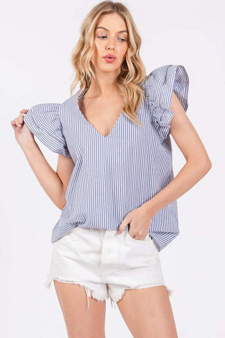 Ces Femme Striped V-Neck Ruffled Cap Sleeve Blouse - 1985 the VAULT Boutique