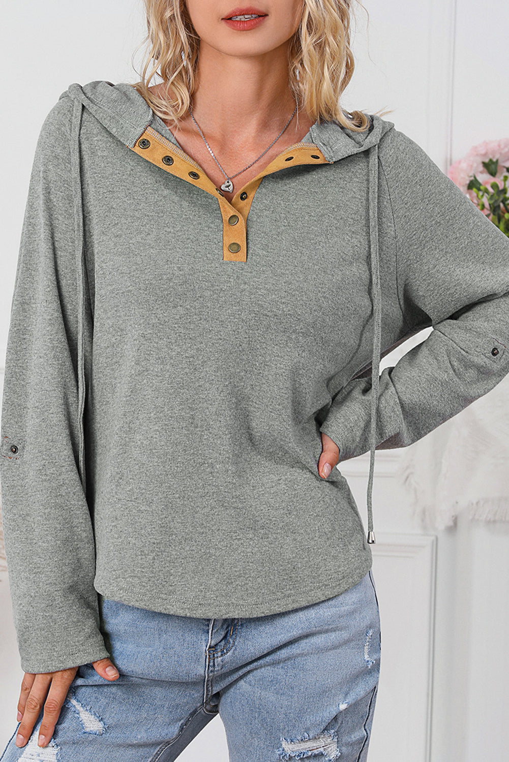 Drawstring Quarter Snap Long Sleeve Hoodie - 1985 the VAULT Boutique