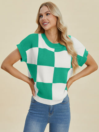 Double Take Full Size Checkered Round Neck Short Sleeve Sweater - 1985 the VAULT Boutique