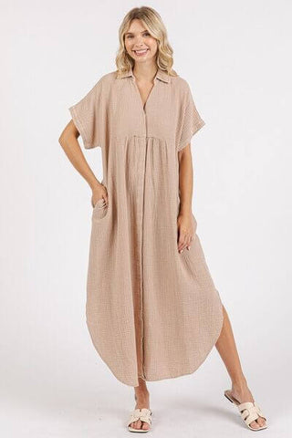 Mittoshop Mineral Wash V Neck Button Up Midi Shirt Dress - 1985 the VAULT Boutique