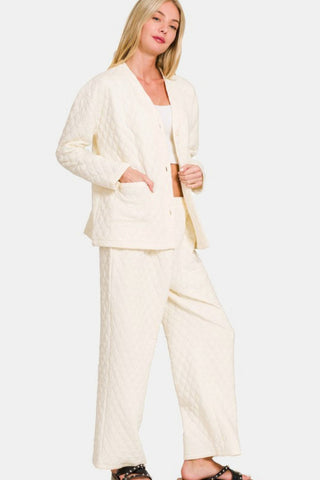 Zenana Quilted Button Up Long Sleeve Top and Pants Lounge Set - 1985 the VAULT Boutique