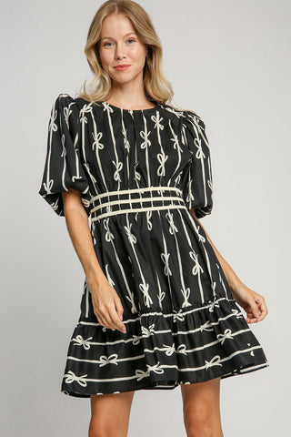 Umgee Ribbon Print Frill Contrast Velvet Trim Half Sleeve Dress - 1985 the VAULT Boutique