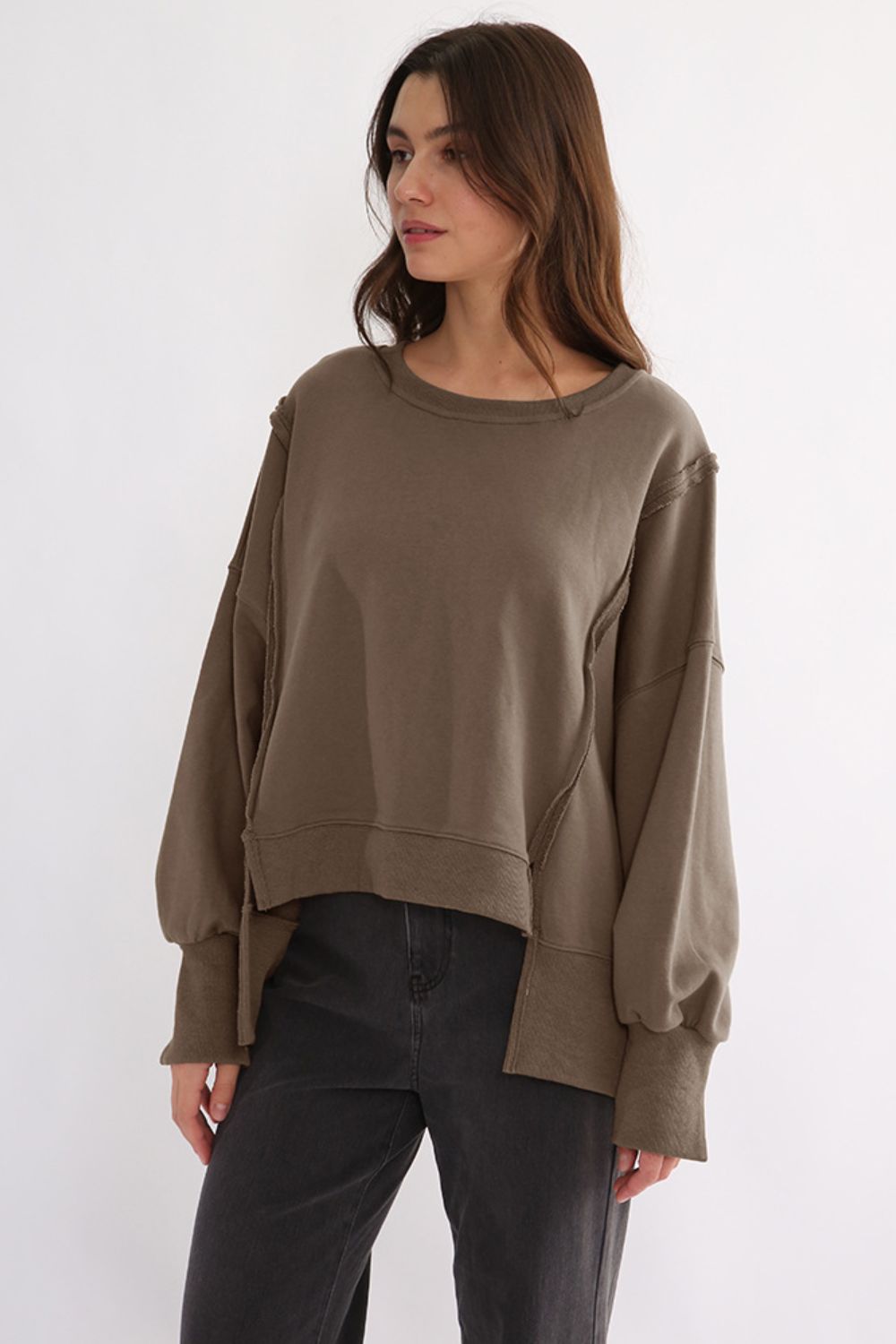 Exposed Seam High-Low Long Sleeve Sweatshirt - 1985 the VAULT Boutique